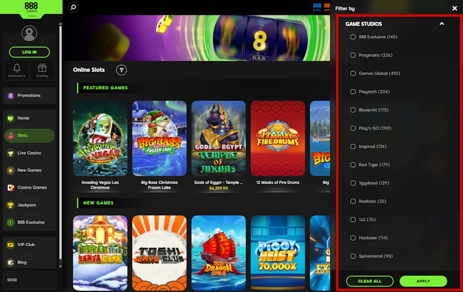 888casino Slots and Providers Screenshot